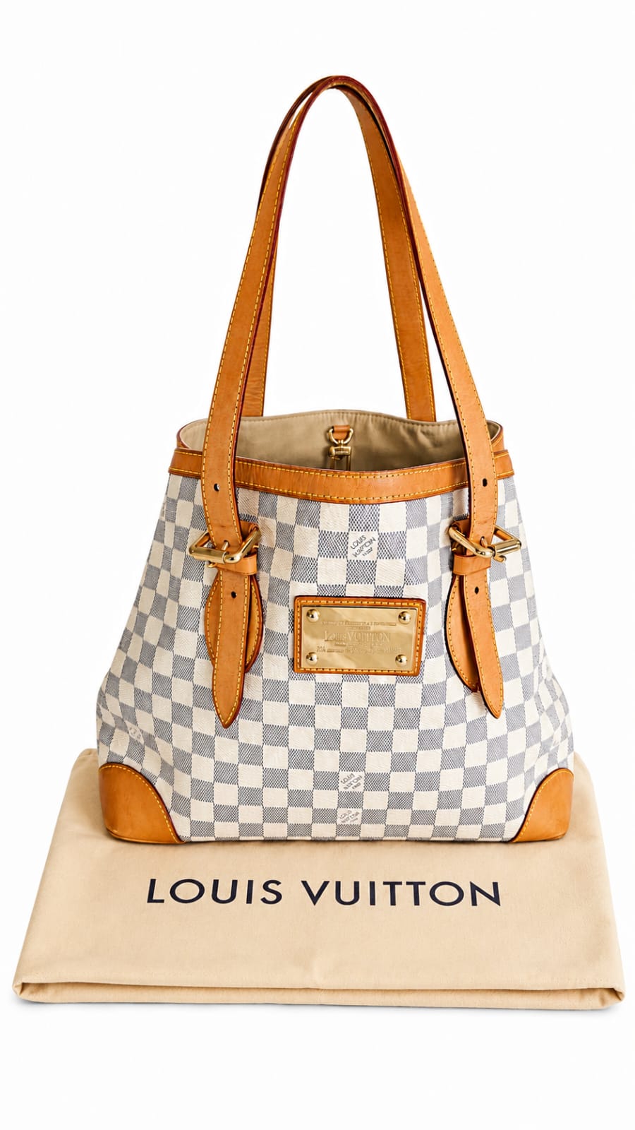 Louis Vuitton Hampstead – Damier Azur in Damier Azur Coated Canvas, Natural Cowhide Leather Trim, Gold-Tone Hardware