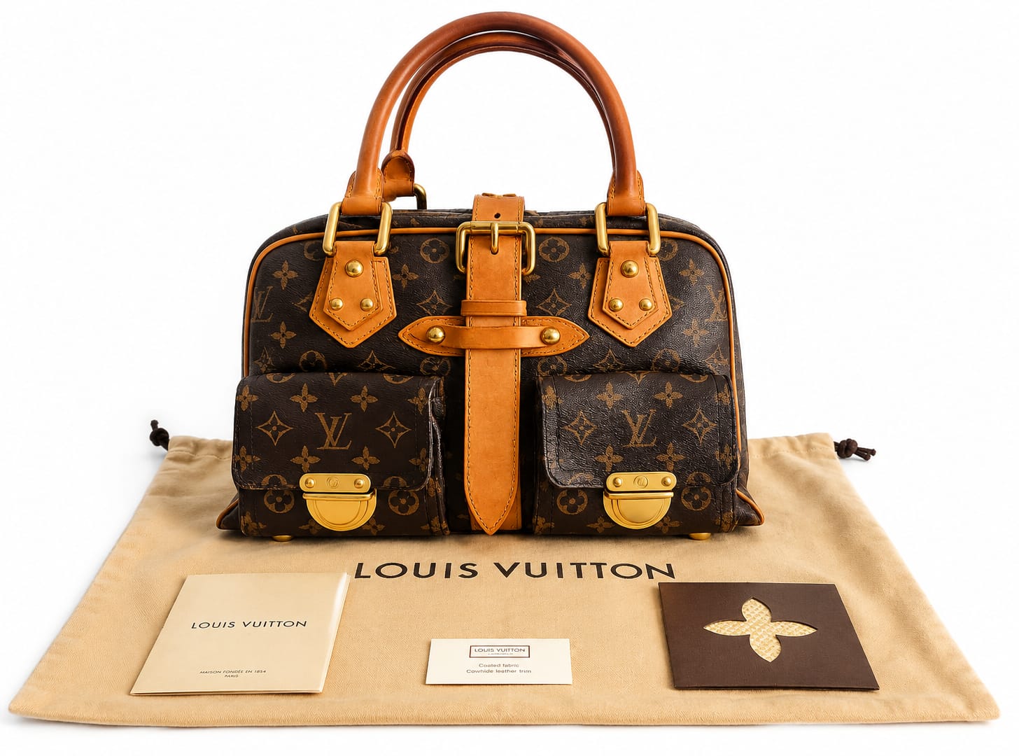 Louis Vuitton Manhattan PM in Monogram Coated Canvas, Natural Cowhide Leather Trim, Gold-Tone Hardware — sold from the Lux D'Oré archive