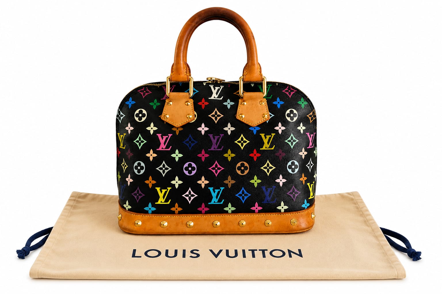Louis Vuitton Alma PM – Takashi Murakami Black Multicolore in Black Monogram Multicolore Coated Canvas, Natural Vachetta Trim, Gold-Tone Studs — sold from the Lux D'Oré archive