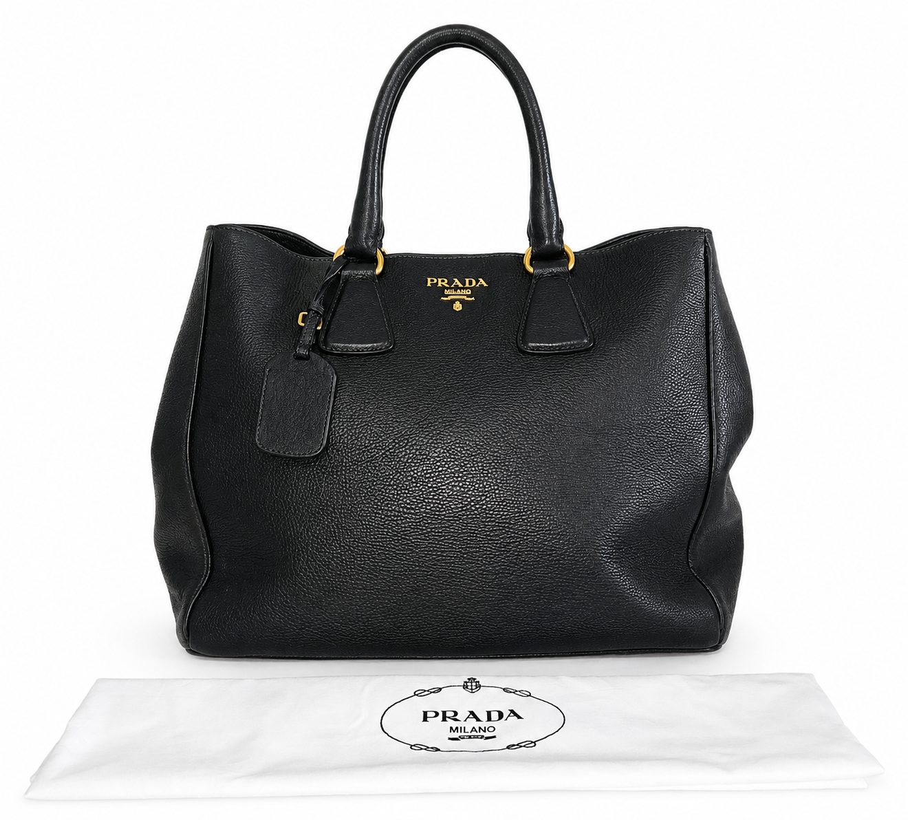 Prada Vitello Daino Tote in Black Pebbled Calfskin, Gold-Tone Hardware