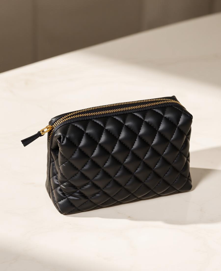Chanel Quilted Cosmetic Pouch in Black Lambskin, Gold Zip