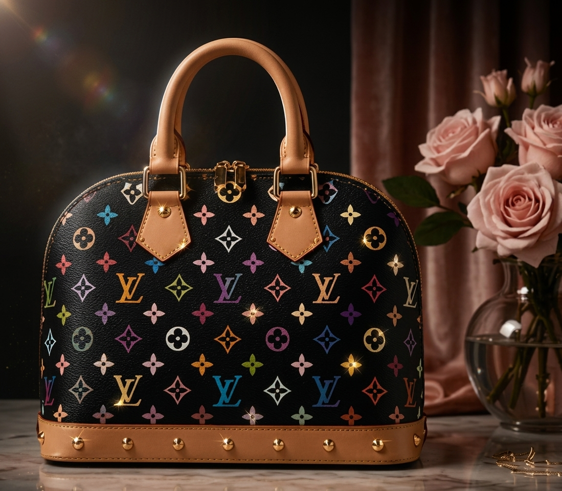 Designer handbag styled with rose-gold accents on draped fabric — Lux D'Oré editorial